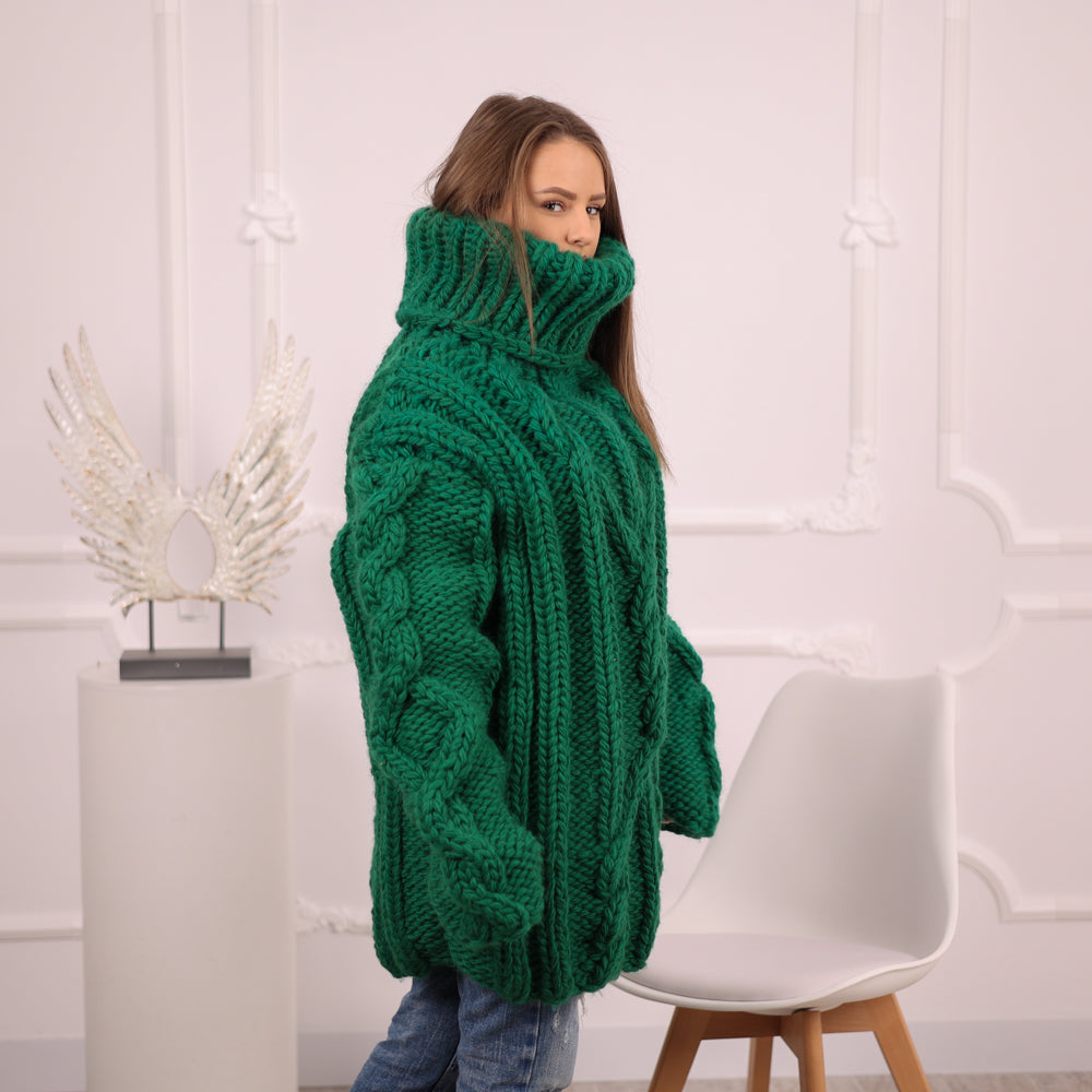 Chunky Green Wool Sweater, Cable Knit Turtleneck, Hand Knitted 5 Strand Pullover T2099