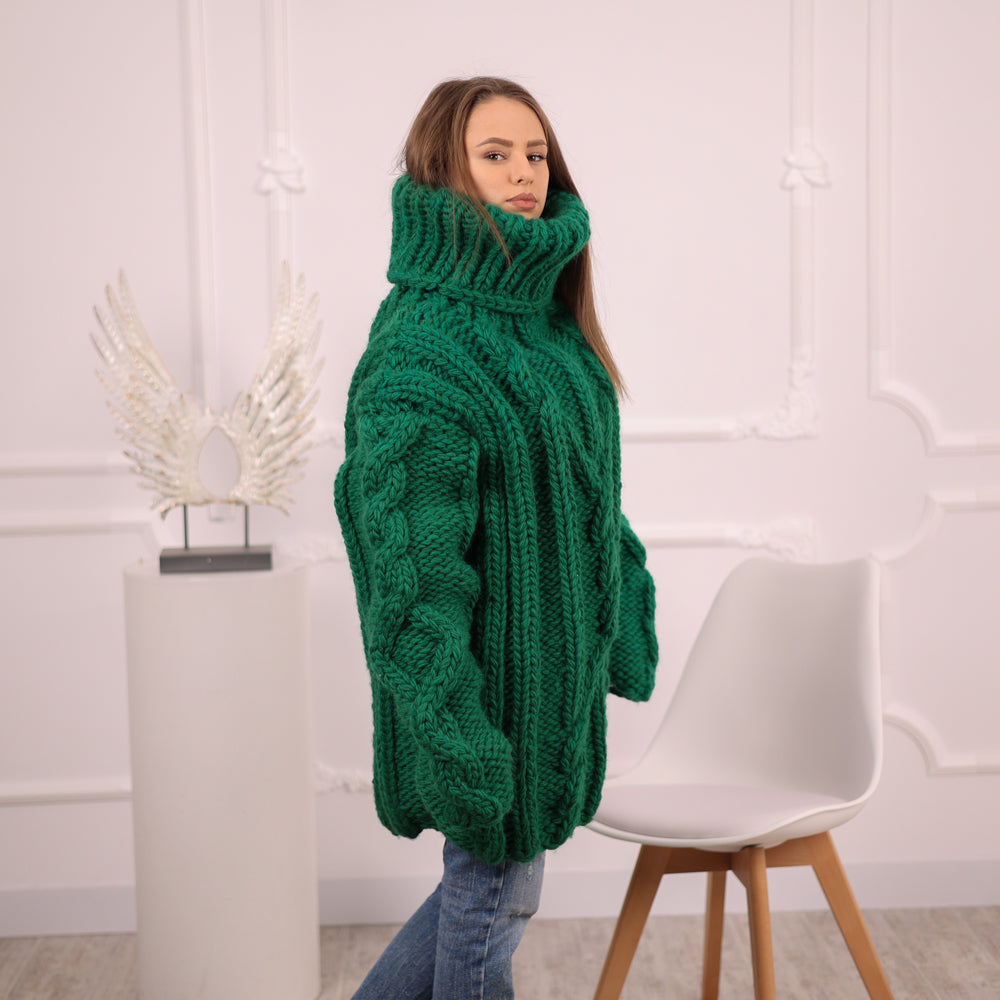 Chunky Green Wool Sweater, Cable Knit Turtleneck, Hand Knitted 5 Strand Pullover T2099