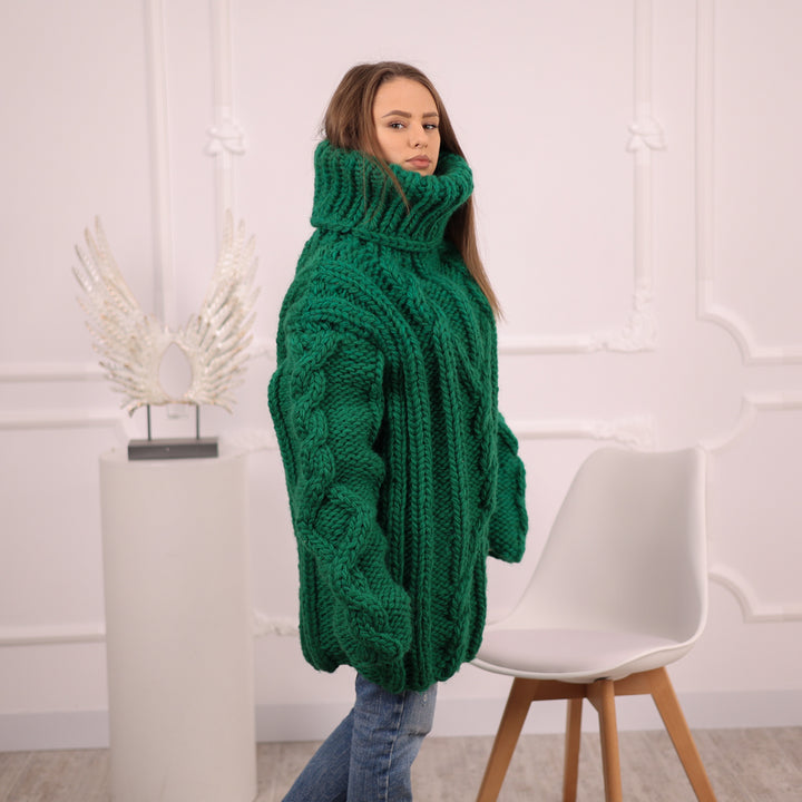 Chunky Green Wool Sweater, Cable Knit Turtleneck, Hand Knitted 5 Strand Pullover T2099