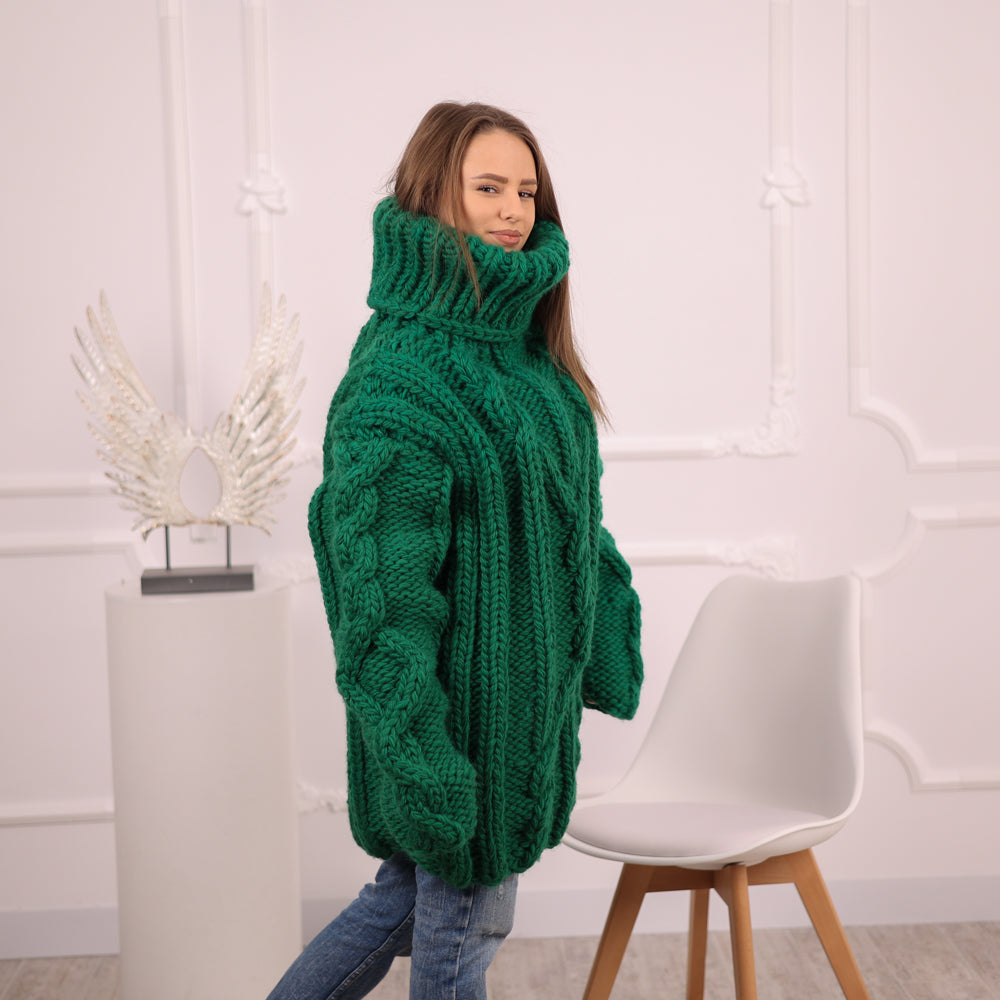 Chunky Green Wool Sweater, Cable Knit Turtleneck, Hand Knitted 5 Strand Pullover T2099