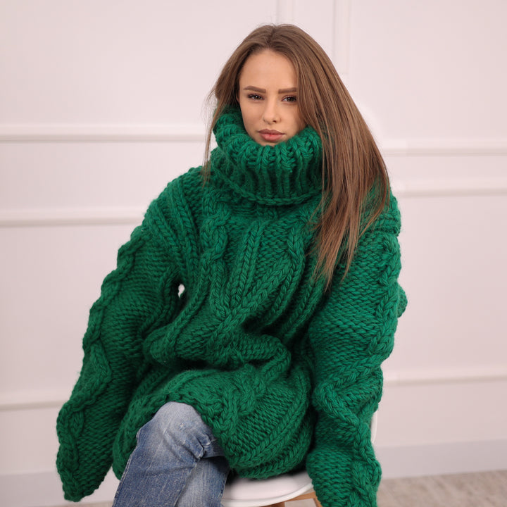 Chunky Green Wool Sweater, Cable Knit Turtleneck, Hand Knitted 5 Strand Pullover T2099