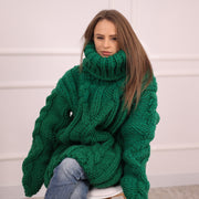 Dicker grüner Wollpullover, Zopfstrick-Rollkragenpullover, handgestrickter 5-fädiger Pullover T2099