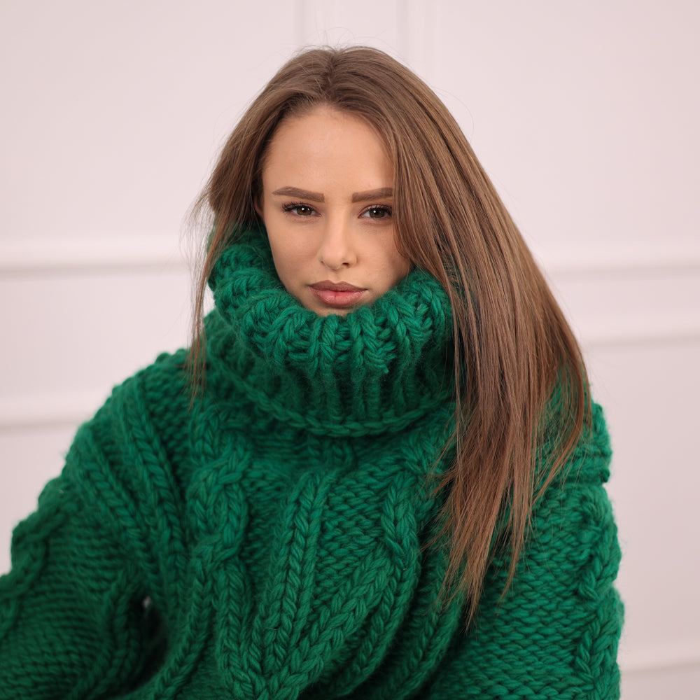 Chunky Green Wool Sweater, Cable Knit Turtleneck, Hand Knitted 5 Strand Pullover T2099