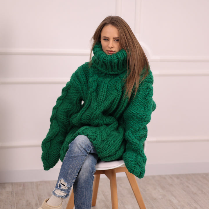Chunky Green Wool Sweater, Cable Knit Turtleneck, Hand Knitted 5 Strand Pullover T2099