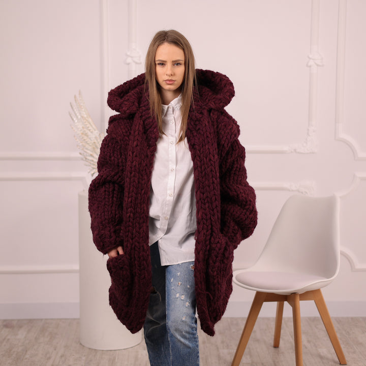 Chunky Hooded Cardigan, 25 strands  Burgundy Alpaca Wool Knit, Oversized  Coat with Pockets T2098