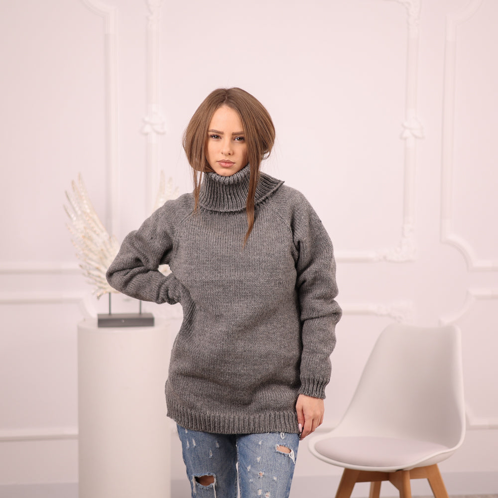 Gray Wool Sweater, Hand Knitted Raw Wool Pullover, Itchy Knit Turtleneck T2100