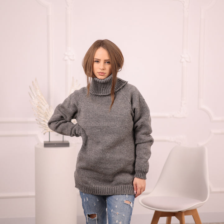 Gray Wool Sweater, Hand Knitted Raw Wool Pullover, Itchy Knit Turtleneck T2100