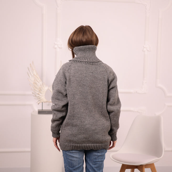 Gray Wool Sweater, Hand Knitted Raw Wool Pullover, Itchy Knit Turtleneck T2100