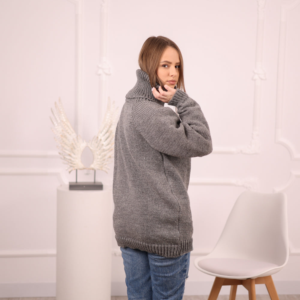 Gray Wool Sweater, Hand Knitted Raw Wool Pullover, Itchy Knit Turtleneck T2100