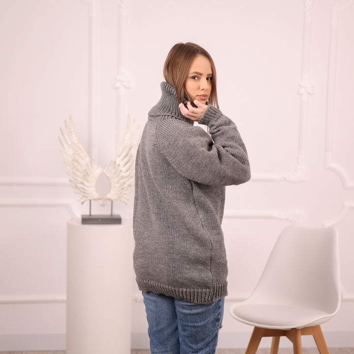Gray Wool Sweater, Hand Knitted Raw Wool Pullover, Itchy Knit Turtleneck T2100