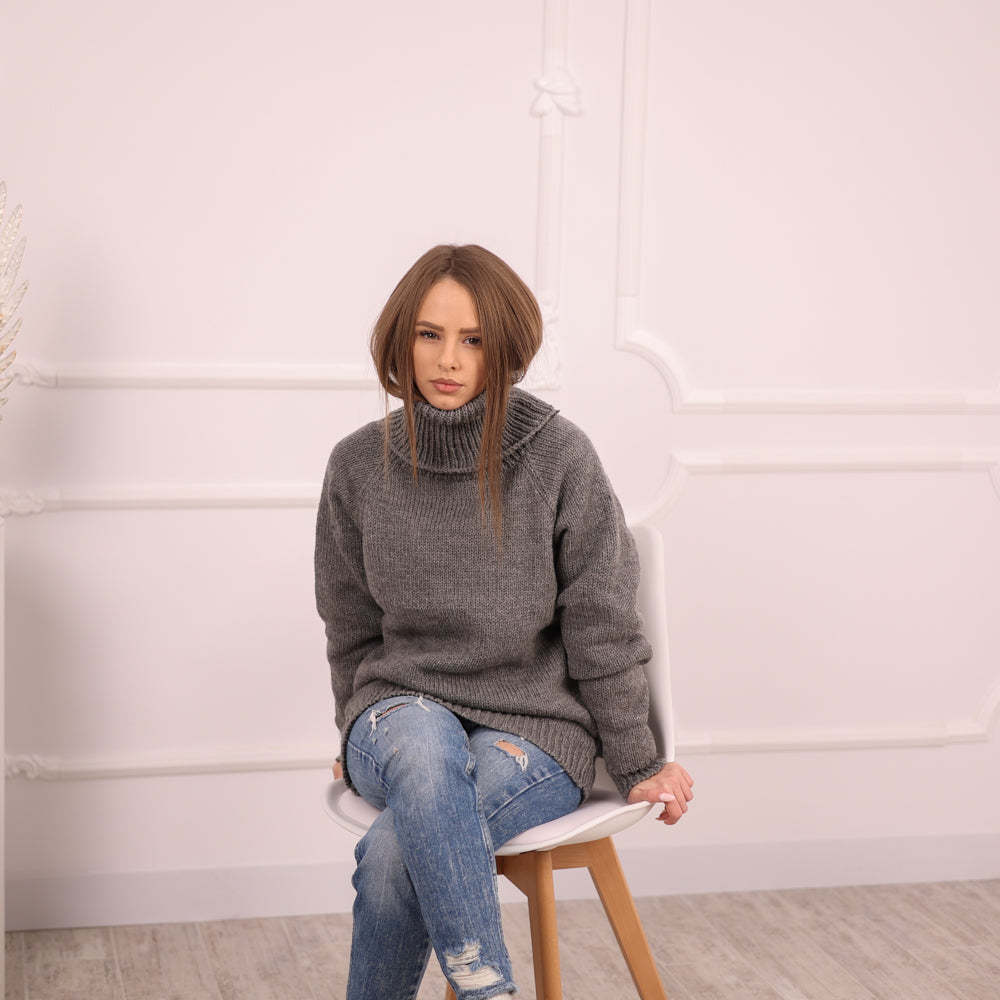 Gray Wool Sweater, Hand Knitted Raw Wool Pullover, Itchy Knit Turtleneck T2100