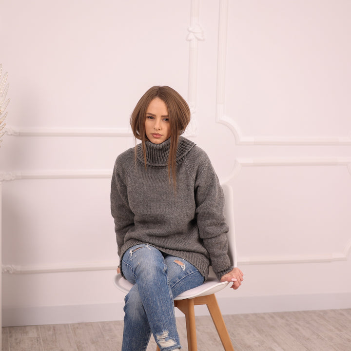 Gray Wool Sweater, Hand Knitted Raw Wool Pullover, Itchy Knit Turtleneck T2100