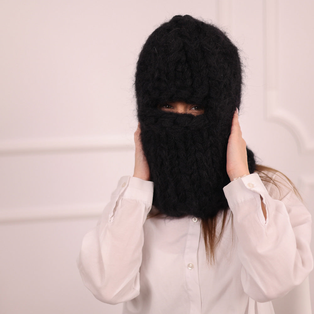 Extra Chunky Black Mohair Balaclava with Full Face Coverage , 30 strands of yarnn T2095