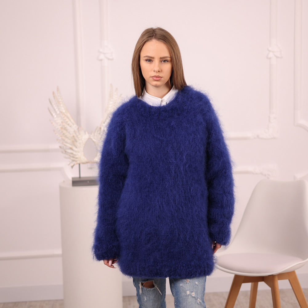 Blue French Kid Mohair Crewneck Sweater, Brushed Hairy Texture, Extra Soft Knit T2083