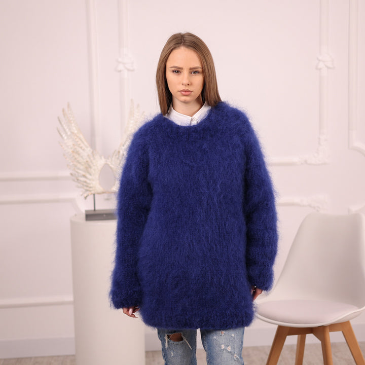 Blue French Kid Mohair Crewneck Sweater, Brushed Hairy Texture, Extra Soft Knit T2083
