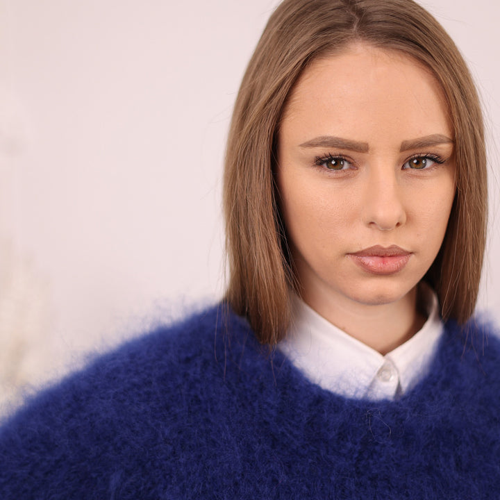 Blue French Kid Mohair Crewneck Sweater, Brushed Hairy Texture, Extra Soft Knit T2083