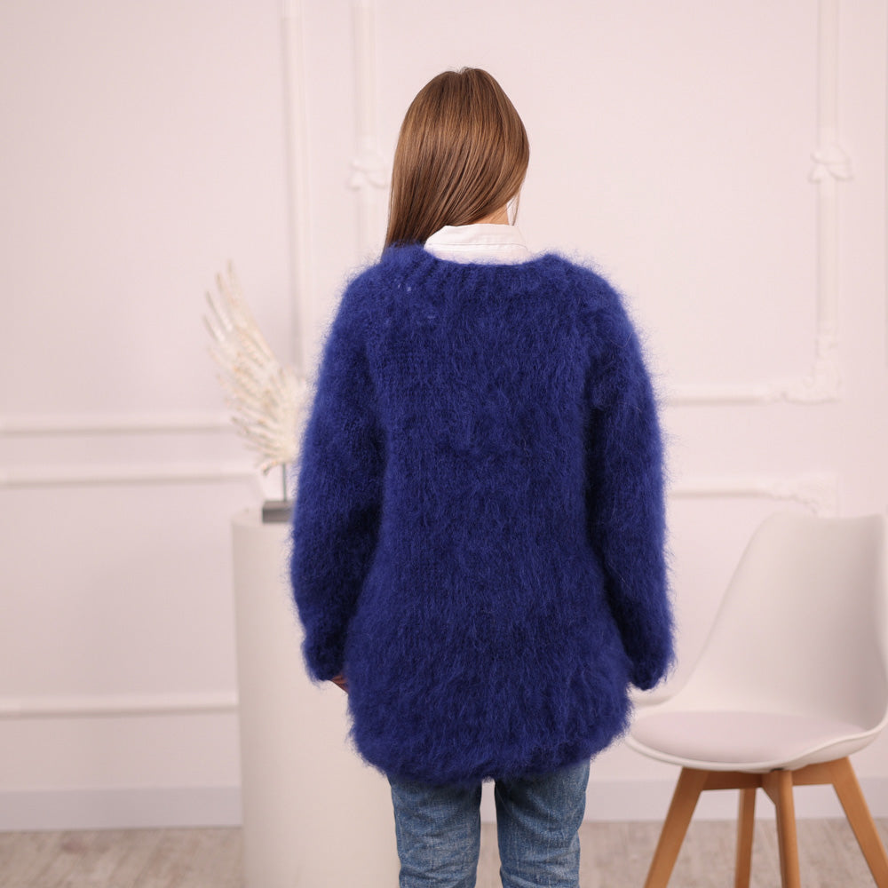 Blue French Kid Mohair Crewneck Sweater, Brushed Hairy Texture, Extra Soft Knit T2083