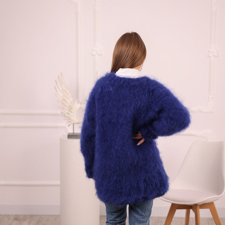 Blue French Kid Mohair Crewneck Sweater, Brushed Hairy Texture, Extra Soft Knit T2083