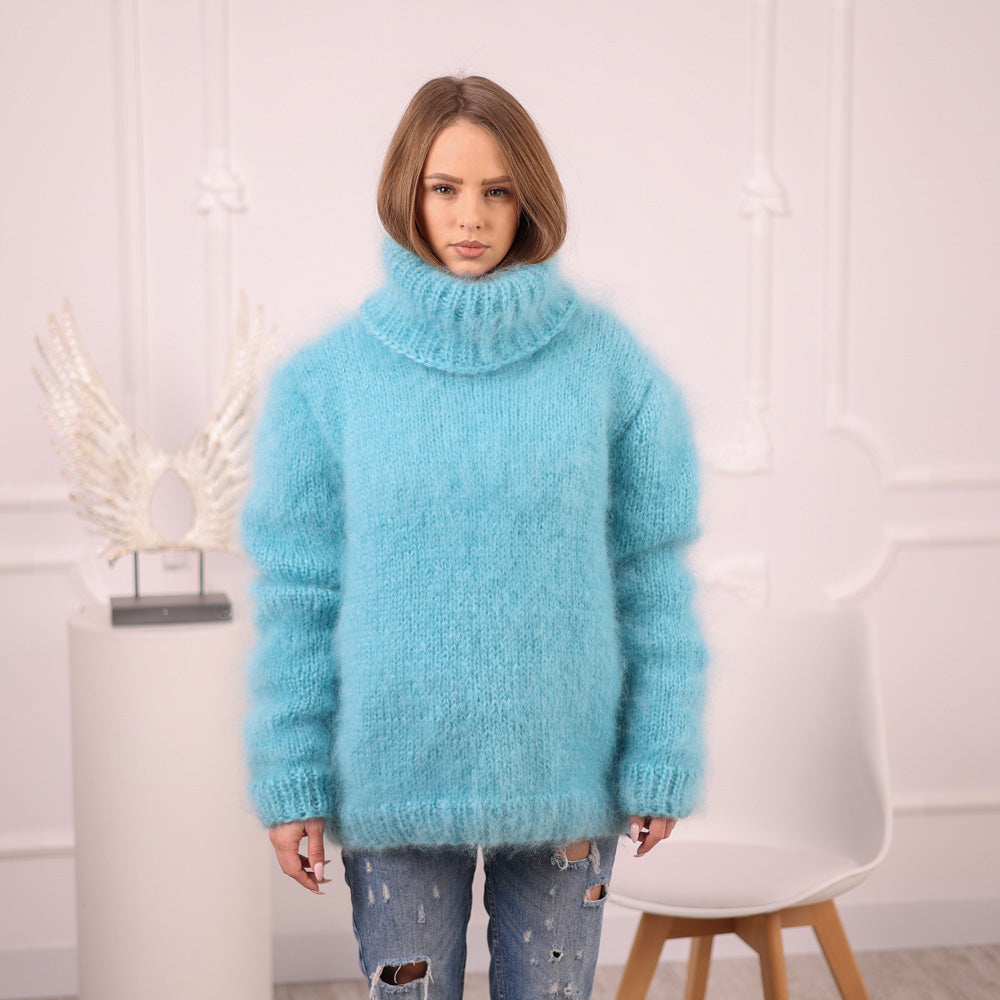 Blue French Kid Mohair Turtleneck Sweater, Brushed Hairy Knit, Extra Soft Fluffy Pullover T2101