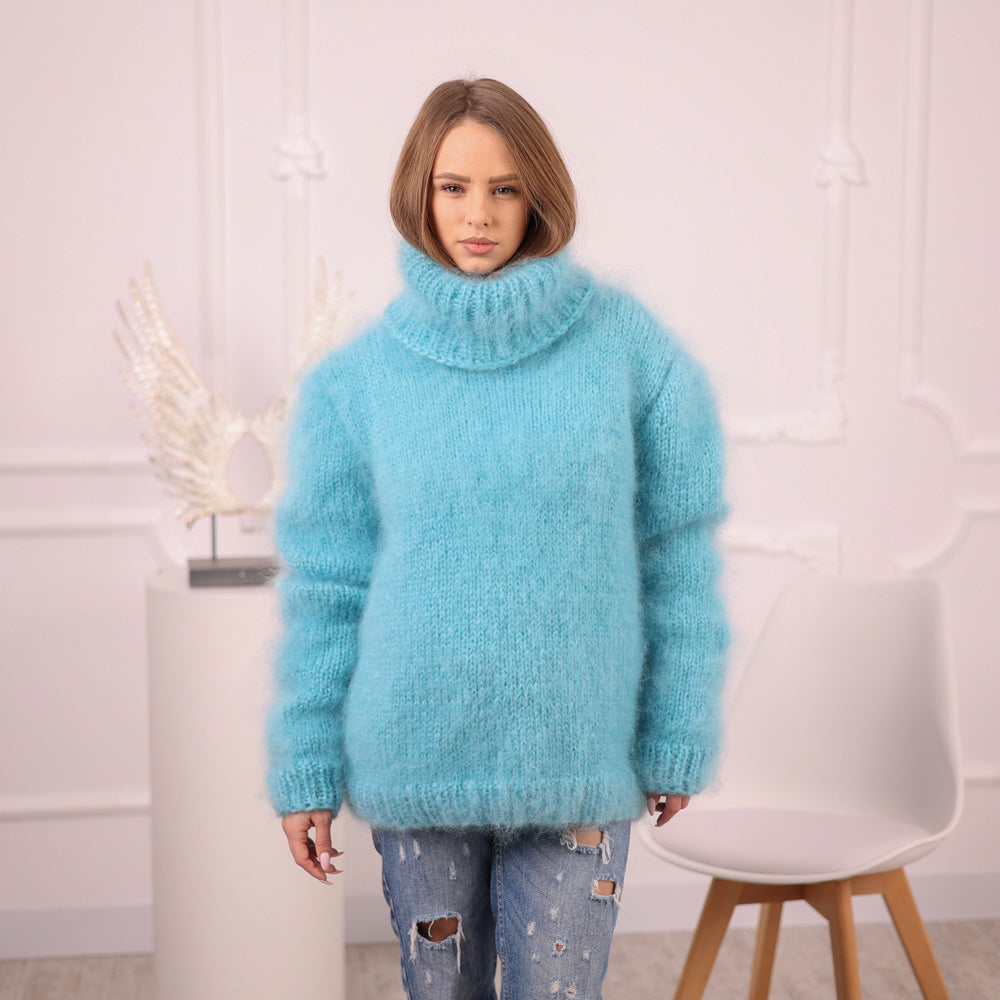 Blue French Kid Mohair Turtleneck Sweater, Brushed Hairy Knit, Extra Soft Fluffy Pullover T2101