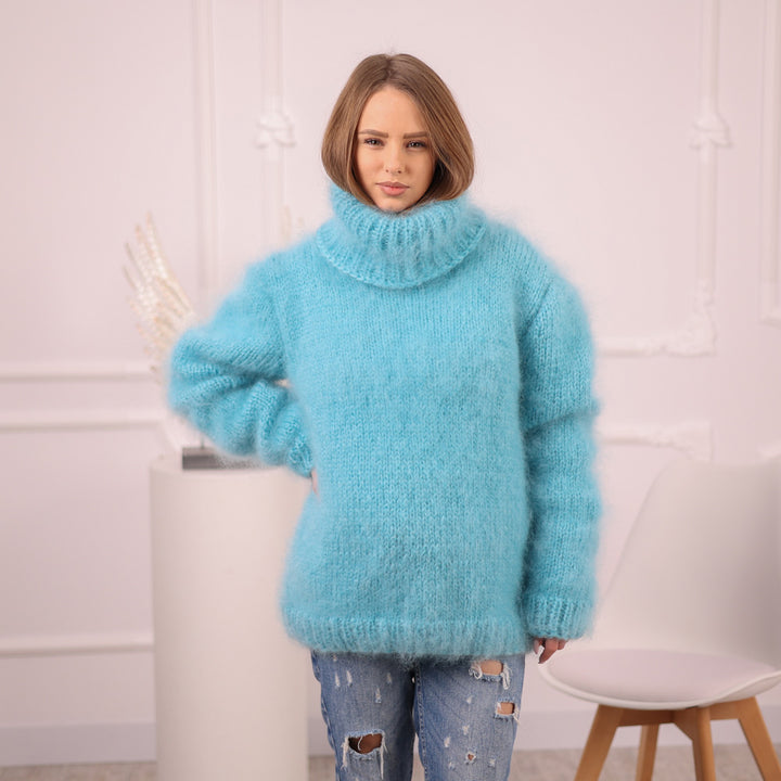 Blue French Kid Mohair Turtleneck Sweater, Brushed Hairy Knit, Extra Soft Fluffy Pullover T2101