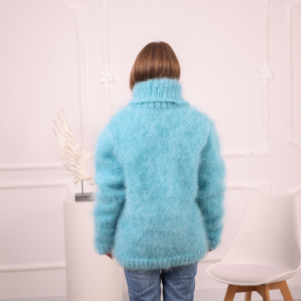 Blue French Kid Mohair Turtleneck Sweater, Brushed Hairy Knit, Extra Soft Fluffy Pullover T2101