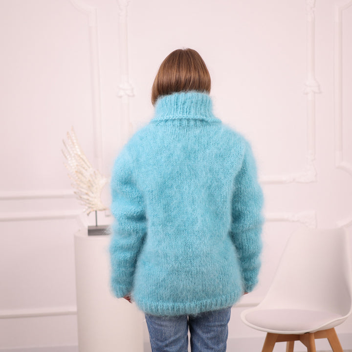 Blue French Kid Mohair Turtleneck Sweater, Brushed Hairy Knit, Extra Soft Fluffy Pullover T2101