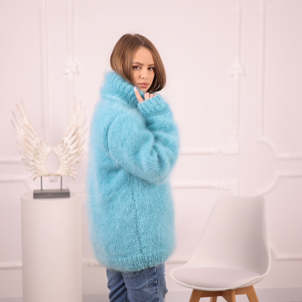 Blue French Kid Mohair Turtleneck Sweater, Brushed Hairy Knit, Extra Soft Fluffy Pullover T2101