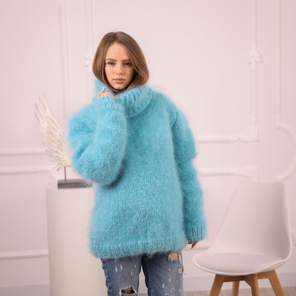 Blue French Kid Mohair Turtleneck Sweater, Brushed Hairy Knit, Extra Soft Fluffy Pullover T2101