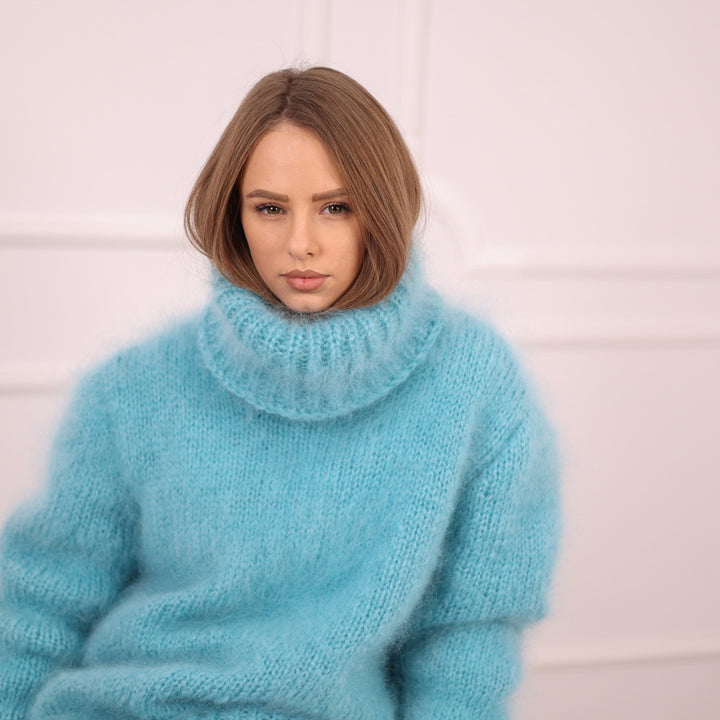 Blue French Kid Mohair Turtleneck Sweater, Brushed Hairy Knit, Extra Soft Fluffy Pullover T2101