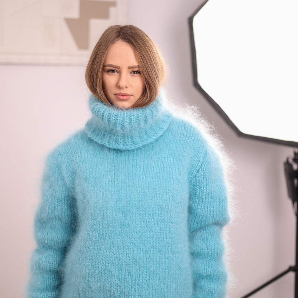 Blue French Kid Mohair Turtleneck Sweater, Brushed Hairy Knit, Extra Soft Fluffy Pullover T2101
