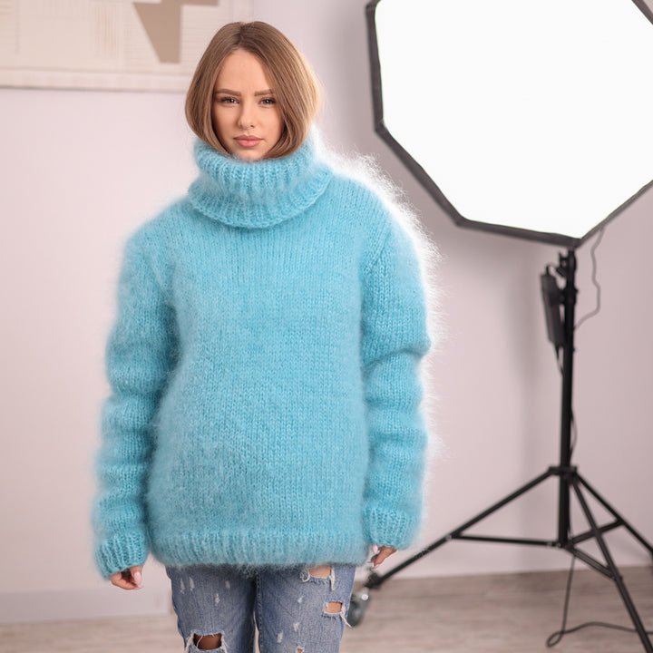 Blue French Kid Mohair Turtleneck Sweater, Brushed Hairy Knit, Extra Soft Fluffy Pullover T2101