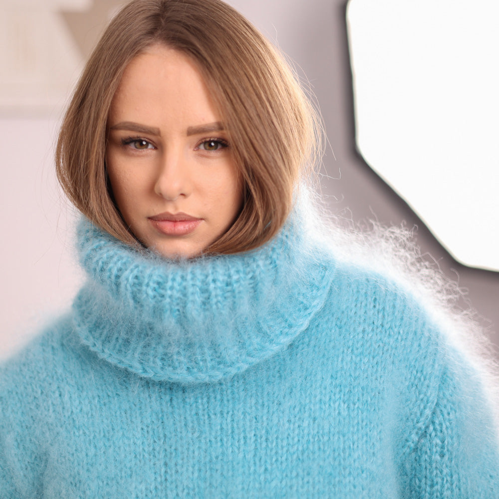 Blue French Kid Mohair Turtleneck Sweater, Brushed Hairy Knit, Extra Soft Fluffy Pullover T2101