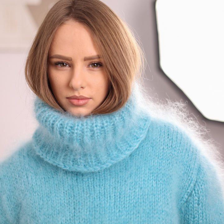 Blue French Kid Mohair Turtleneck Sweater, Brushed Hairy Knit, Extra Soft Fluffy Pullover T2101
