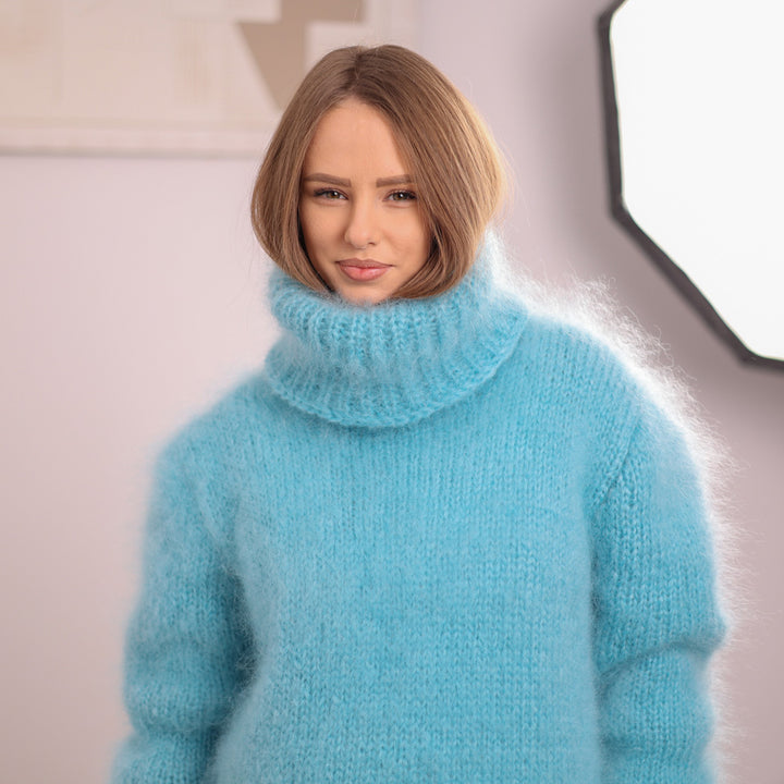 Blue French Kid Mohair Turtleneck Sweater, Brushed Hairy Knit, Extra Soft Fluffy Pullover T2101