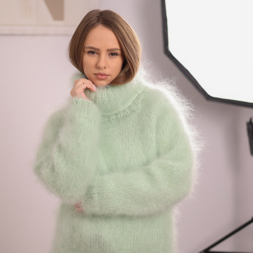 Green French Kid Mohair Turtleneck Sweater, Brushed Hairy Knit, Extra Soft Fluffy Pullover T2102