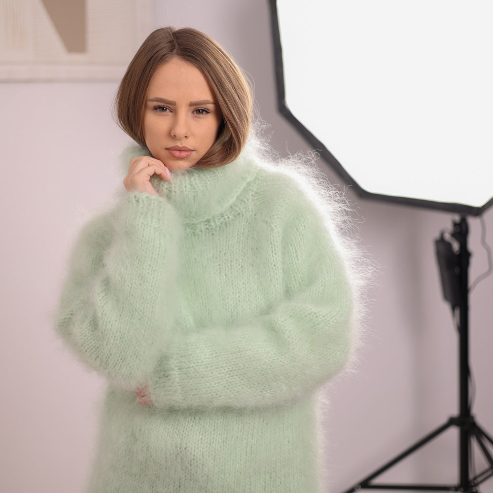 Green French Kid Mohair Turtleneck Sweater, Brushed Hairy Knit, Extra Soft Fluffy Pullover T2102