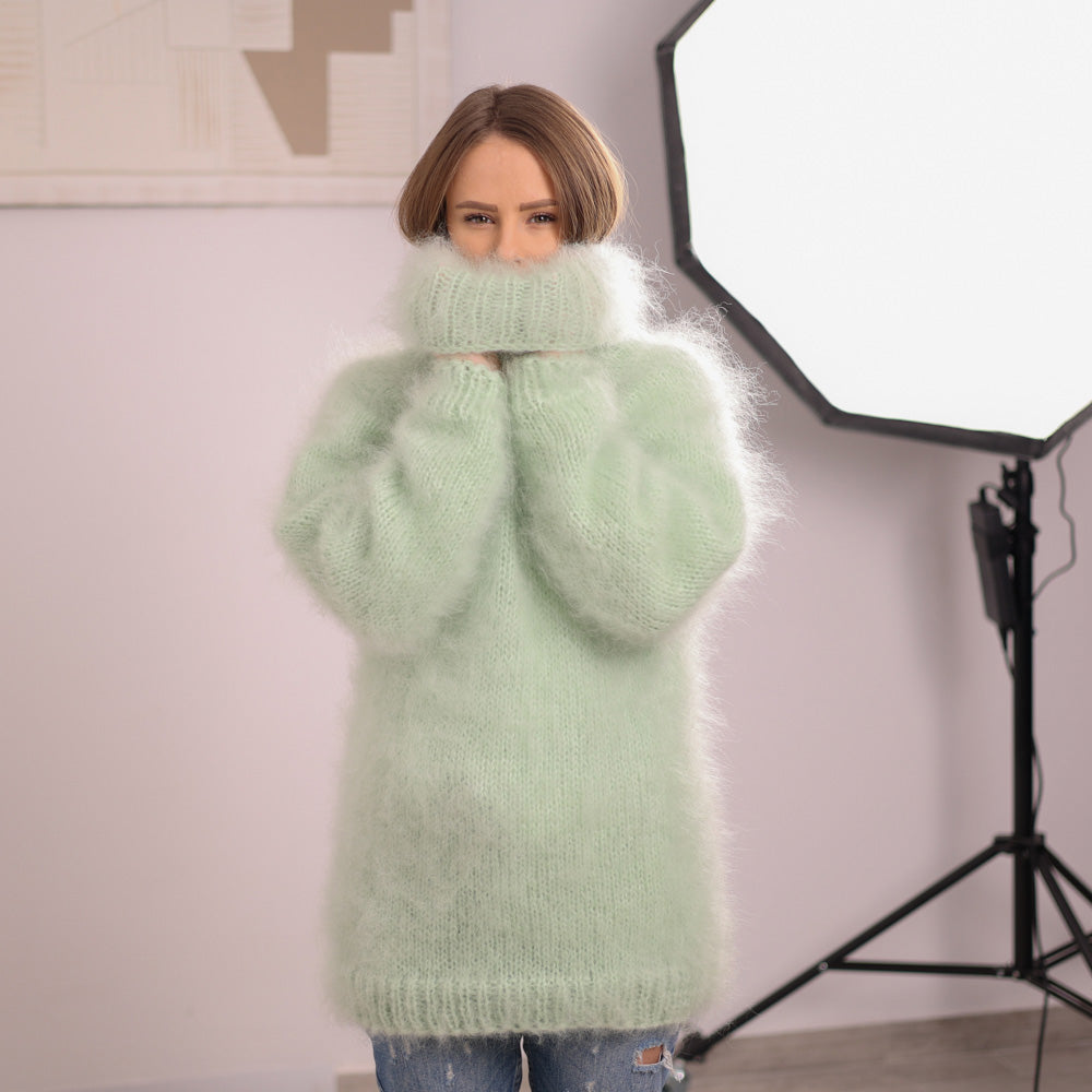 Green French Kid Mohair Turtleneck Sweater, Brushed Hairy Knit, Extra Soft Fluffy Pullover T2102