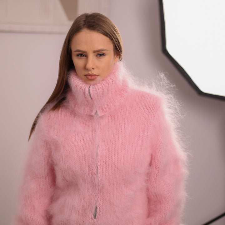 Pink Mohair Turtleneck Bodysuit with Zip, Fluffy Hairy Knit One Piece Sweater T2104