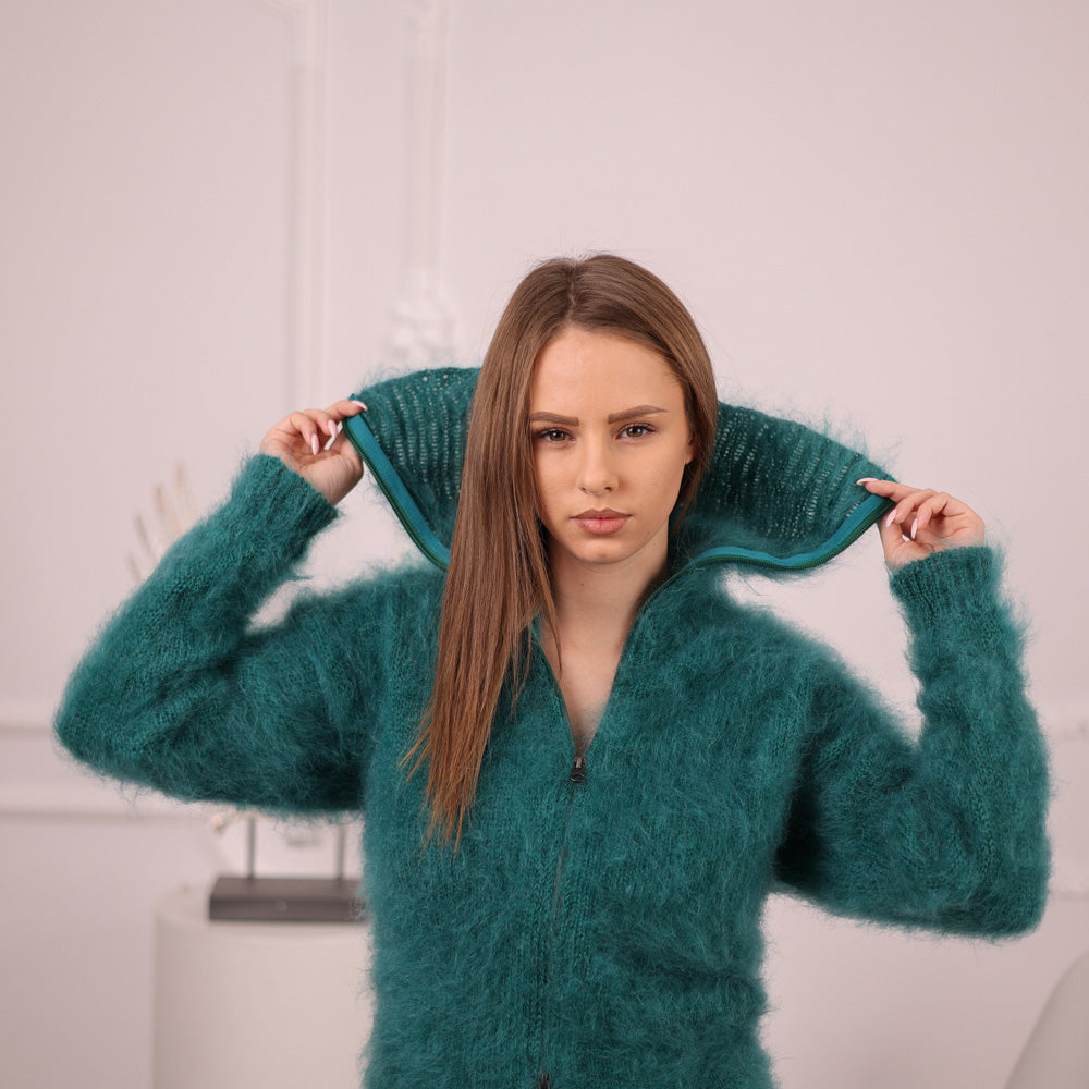 Fluffy Green Mohair Turtleneck Bodysuit with Zip, Soft Hairy Knit One Piece T2103