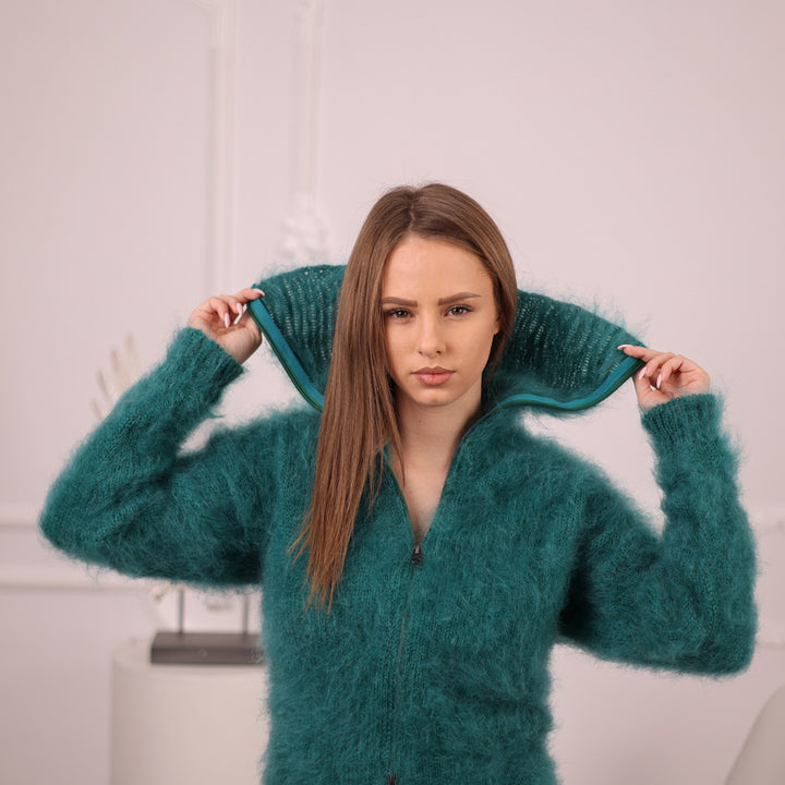 Fluffy Green Mohair Turtleneck Bodysuit with Zip, Soft Hairy Knit One Piece T2103
