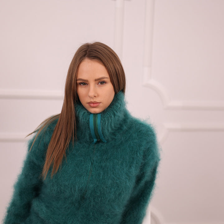 Fluffy Green Mohair Turtleneck Bodysuit with Zip, Soft Hairy Knit One Piece T2103
