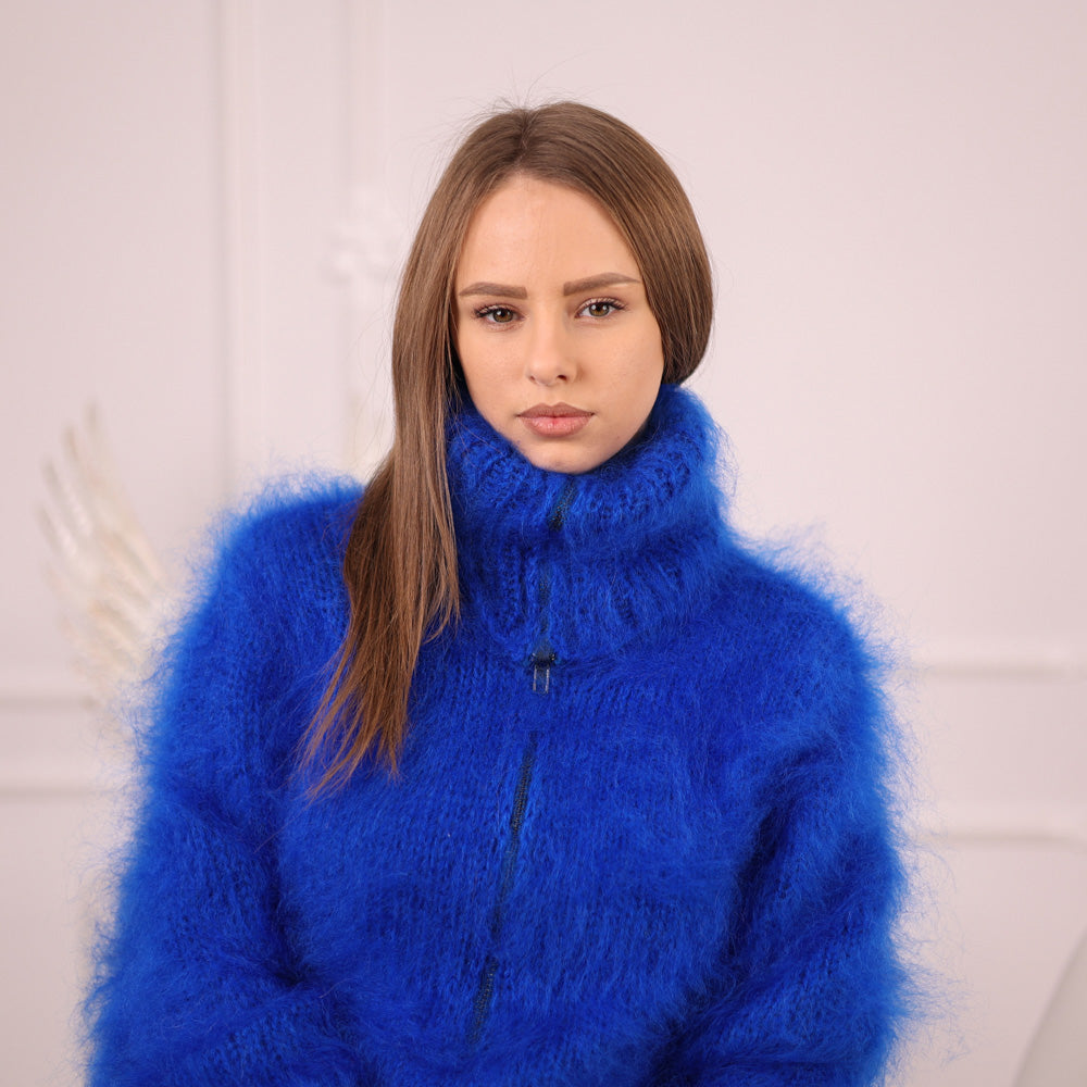 Blue Mohair Turtleneck Bodysuit with Zip – Fluffy Hairy Knit , 2 Strand Hand Knit T2107
