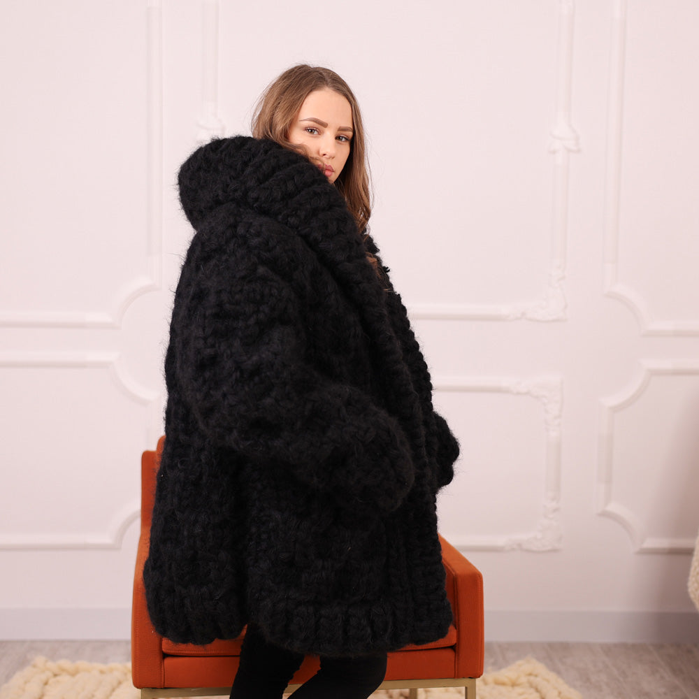 Chunky Black Mohair Cardigan – Hand Knitted Oversized Sweater T2113
