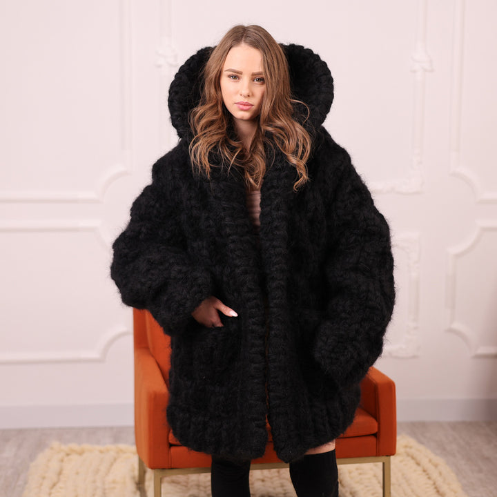 Chunky Black Mohair Cardigan – Hand Knitted Oversized Sweater T2113