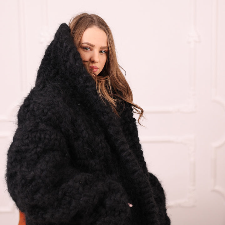 Chunky Black Mohair Cardigan – Hand Knitted Oversized Sweater T2113