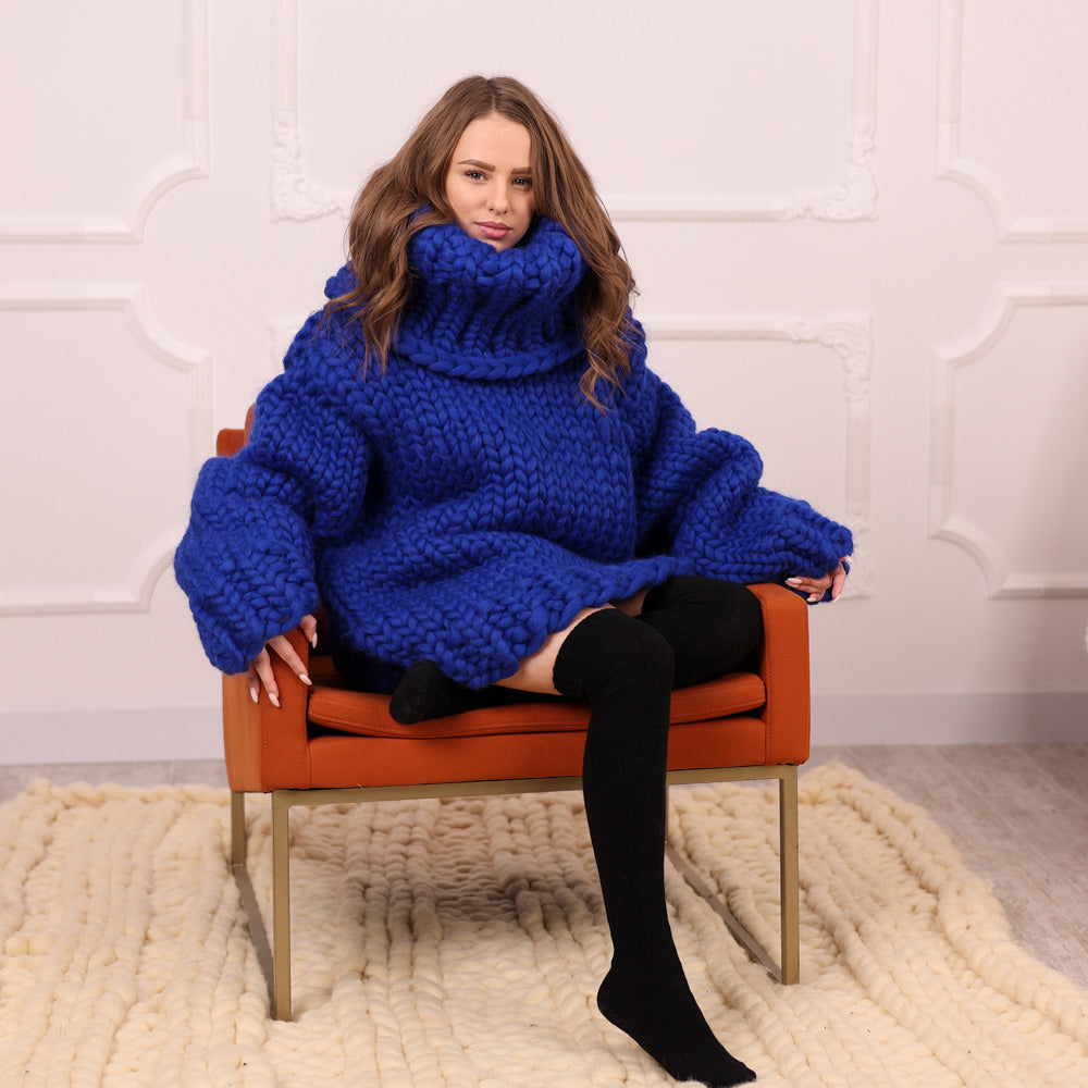 Chunky Merino Wool Cowlneck Sweater with 50 cm turtleneck , Oversized Blue Pullover T2112