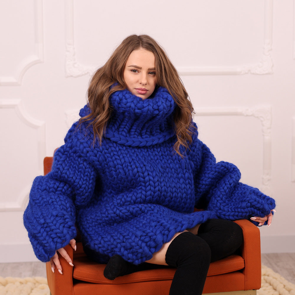 Chunky Merino Wool Cowlneck Sweater with 50 cm turtleneck , Oversized Blue Pullover T2112