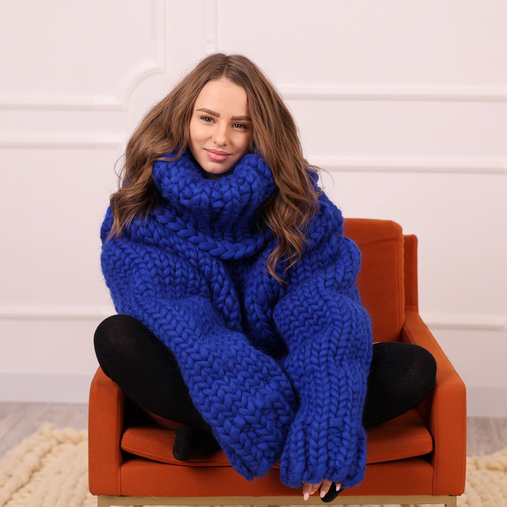 Chunky Merino Wool Cowlneck Sweater with 50 cm turtleneck , Oversized Blue Pullover T2112