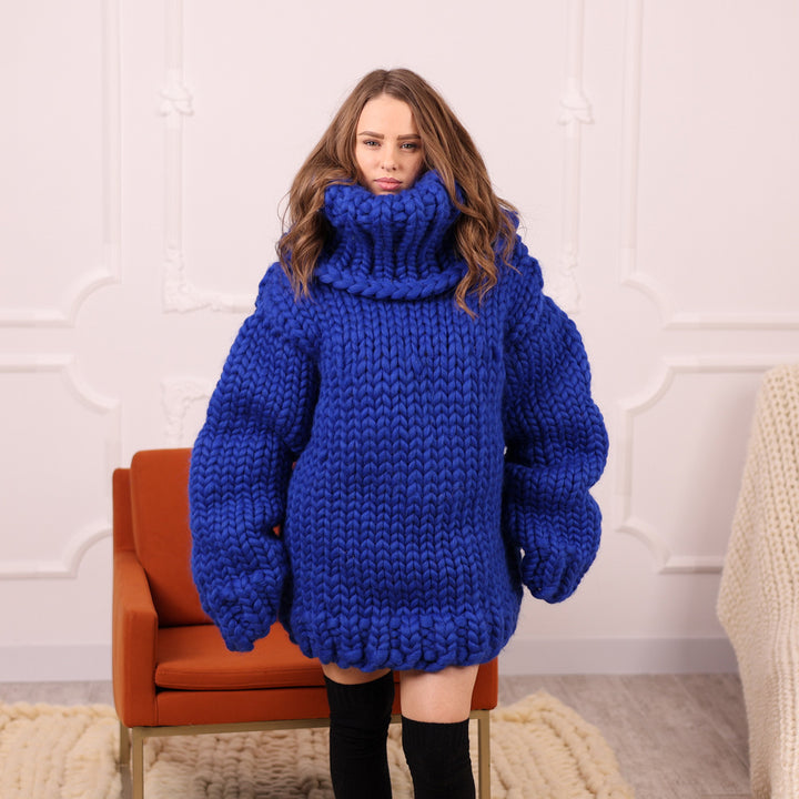 Chunky Merino Wool Cowlneck Sweater with 50 cm turtleneck , Oversized Blue Pullover T2112
